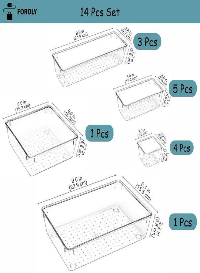 FOROLY Drawer Organiser, Freezer Organiser, Dressing Table Organiser, Drawer Compartment/Storage Units For Makeup, Jewelries/Cosmetic, Stationary, Kitchen (Transparent, 14 Pcs) - Image 2